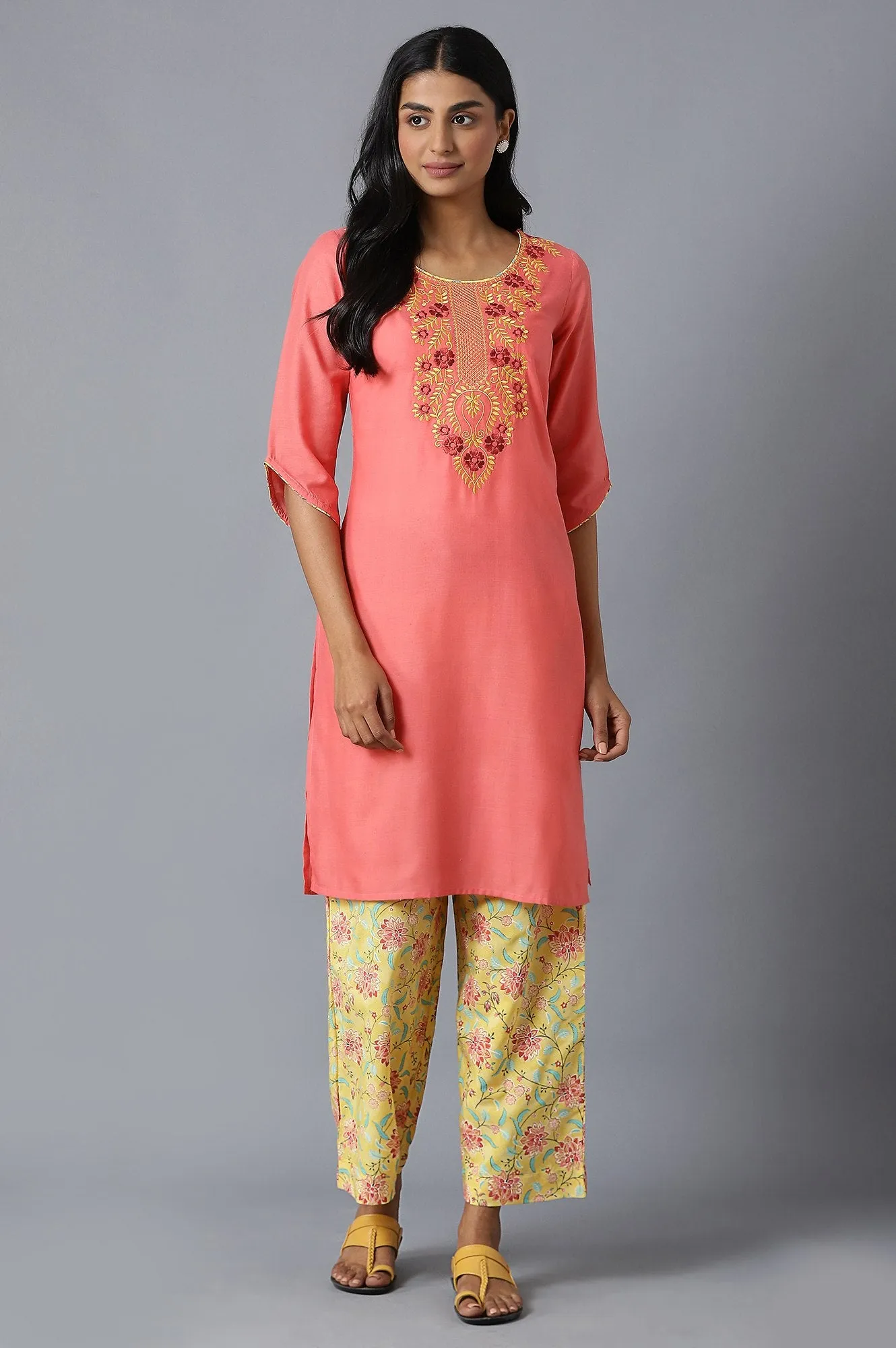 Peach Ethnic Round Neck Embroidered kurta With Yellow Printed Culottes