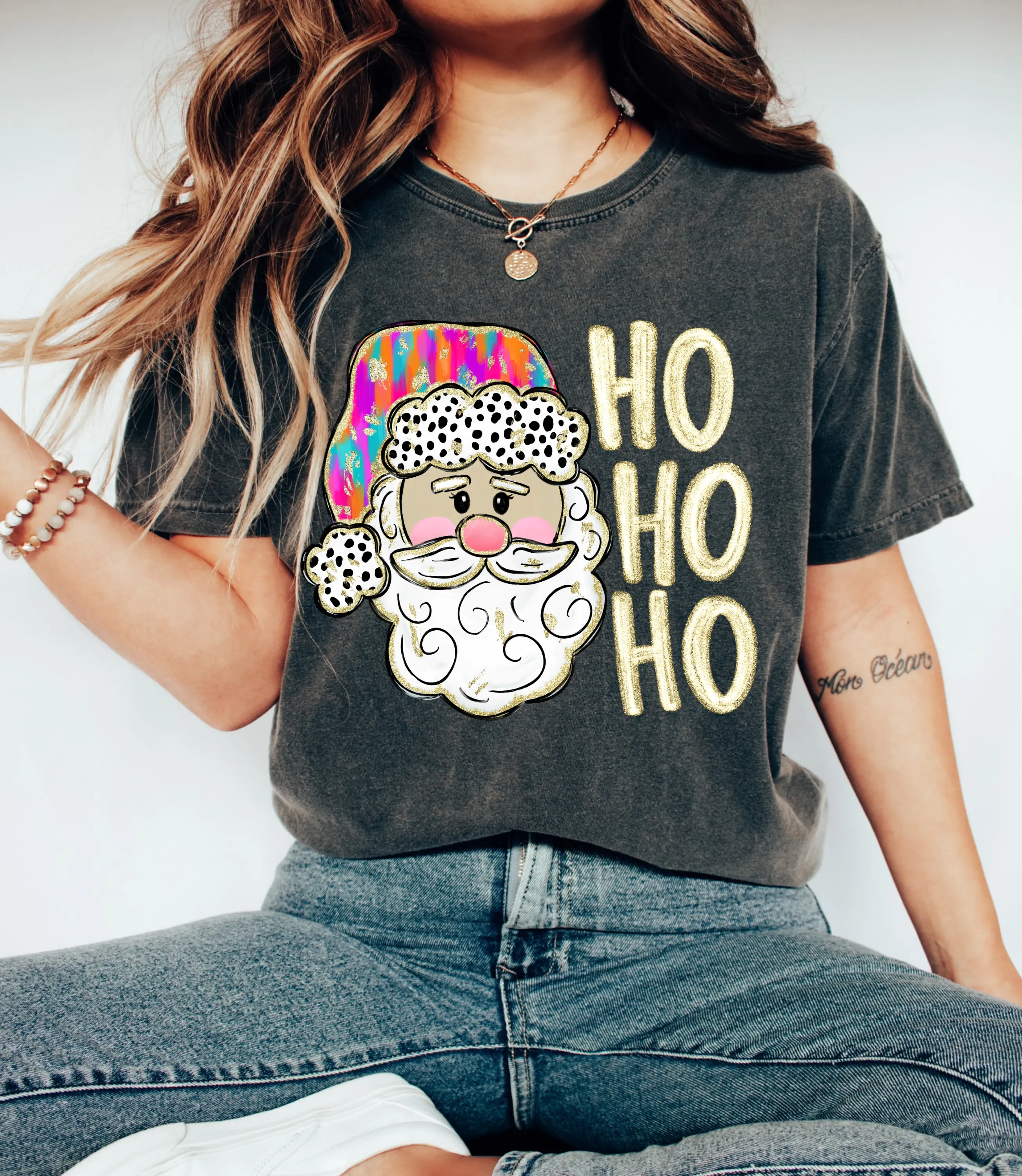 Pepper Bella or Comfort Colors Santa Ho Ho Ho Christmas Tee/ Short Sleeve Faux Glitter Direct To Film Shirt