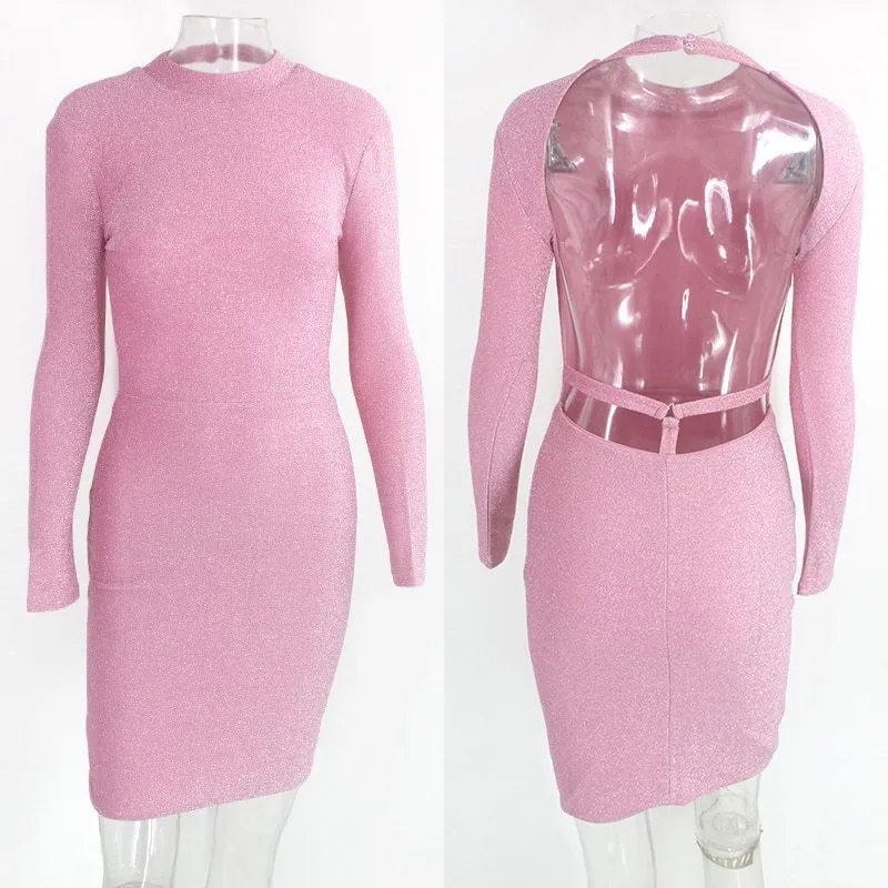 Pink Bodycon Dress Sexy Backless Hollow Out Long Sleeve