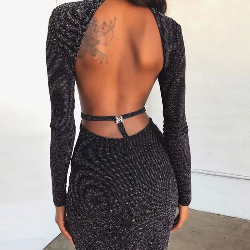 Pink Bodycon Dress Sexy Backless Hollow Out Long Sleeve