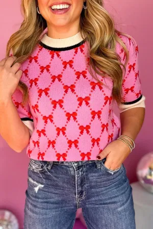 Pink Bow Print Short Sleeve Sweater