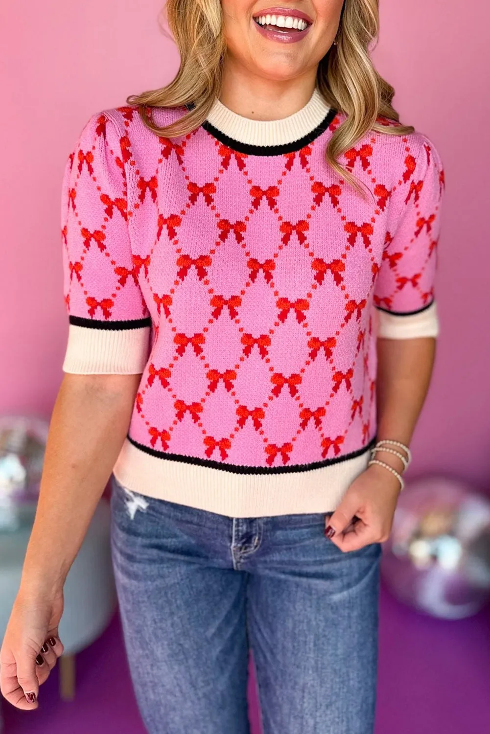 Pink Bow Print Short Sleeve Sweater