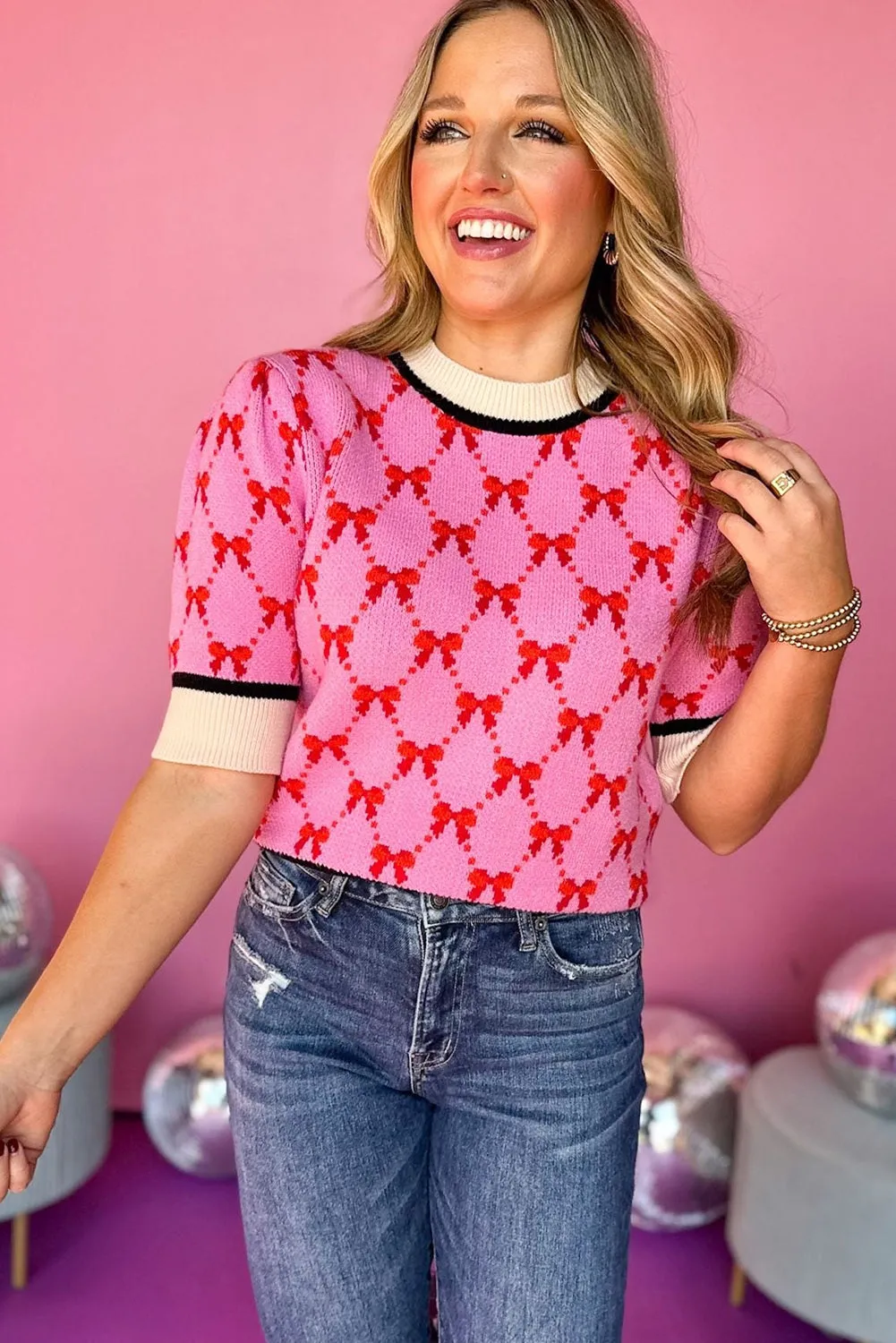 Pink Bow Print Short Sleeve Sweater