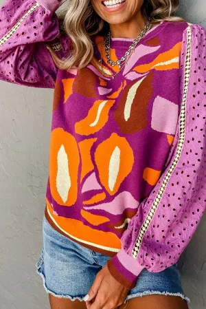 Purple Abstract Floral Eyelet Bishop Sleeve Sweater