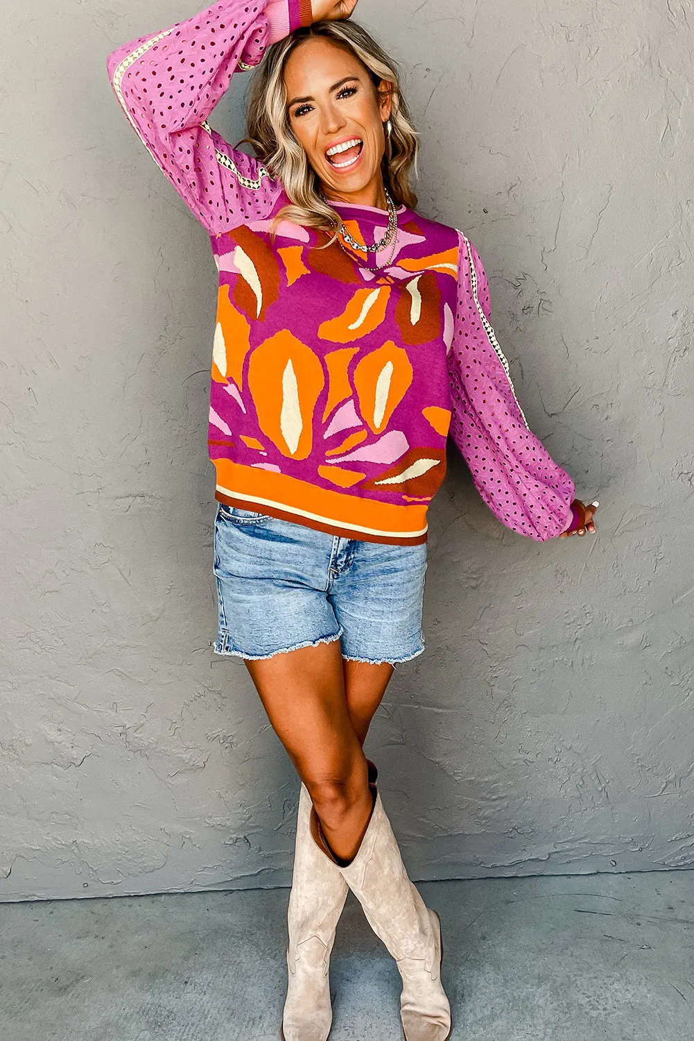 Purple Abstract Floral Eyelet Bishop Sleeve Sweater