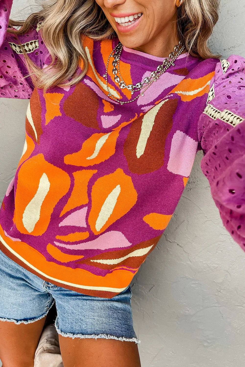 Purple Abstract Floral Eyelet Bishop Sleeve Sweater