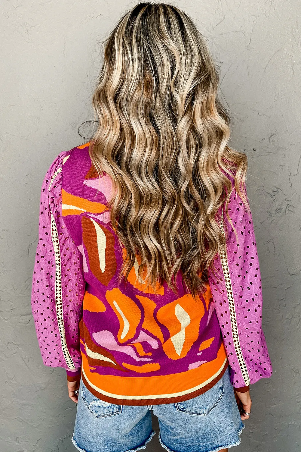 Purple Abstract Floral Eyelet Bishop Sleeve Sweater
