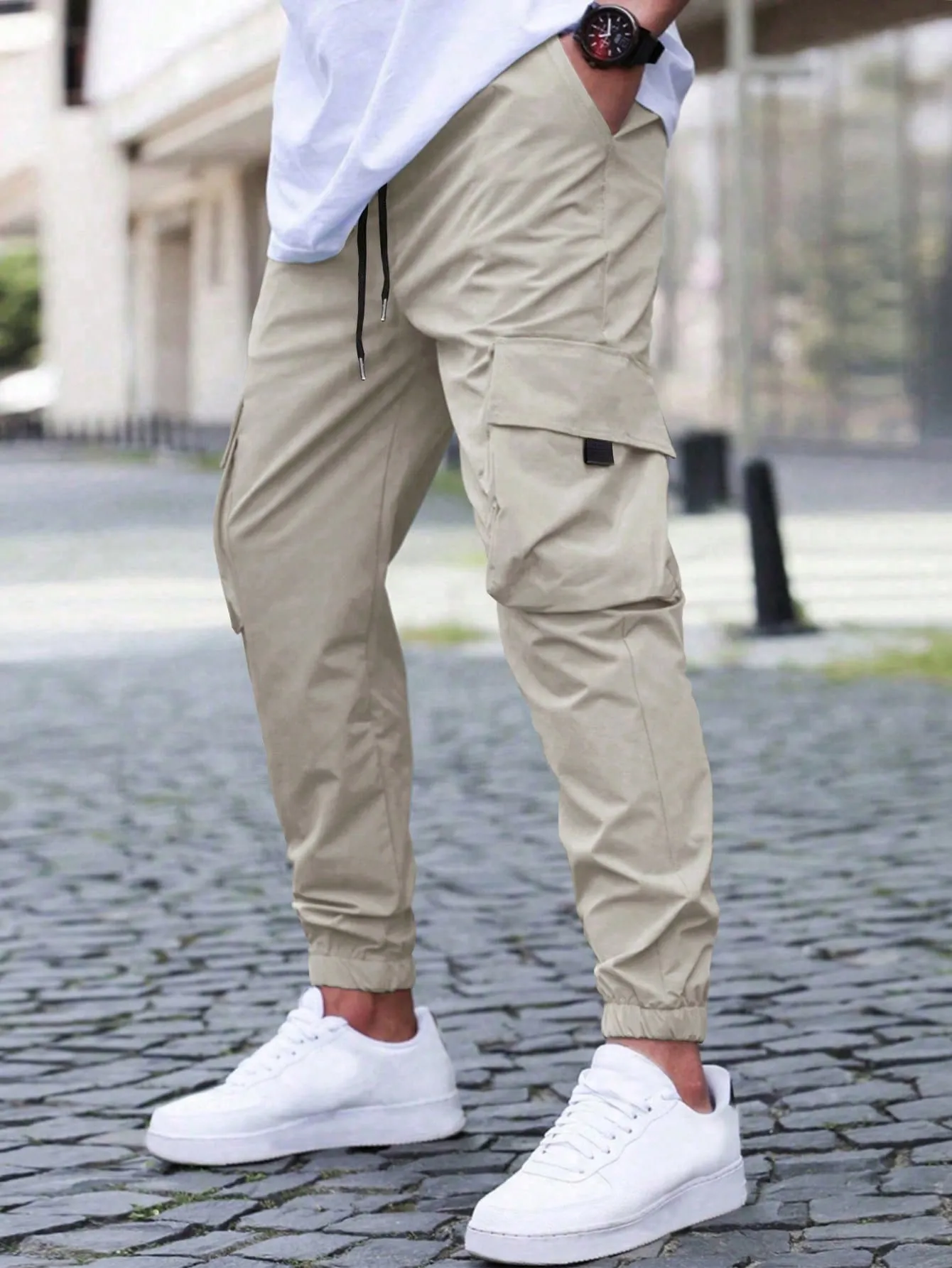 QA Homme Loose Fit Men's Cargo Pants With Flap Pockets And Drawstring Waist
