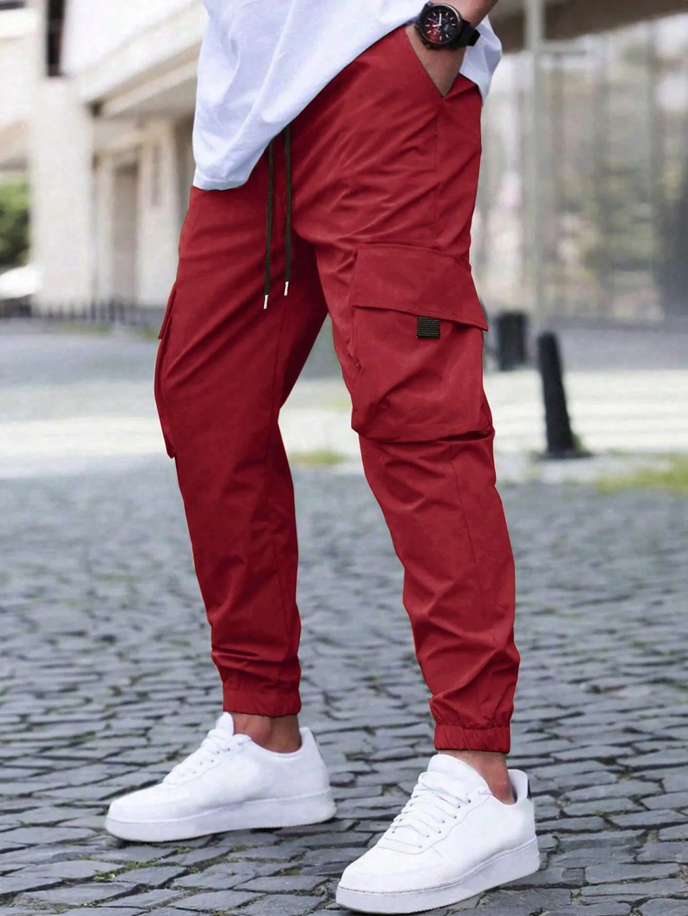 QA Homme Loose Fit Men's Cargo Pants With Flap Pockets And Drawstring Waist
