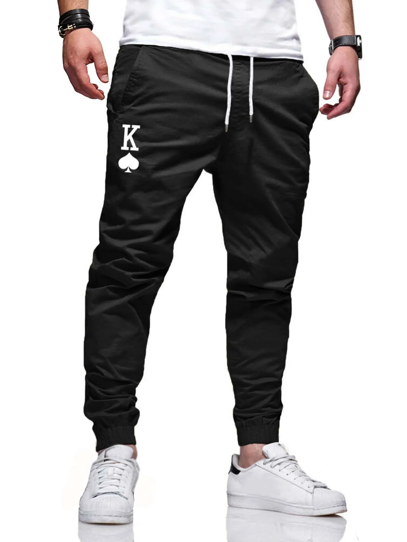 QA Homme Men Playing Card Graphic Drawstring Tapered Pants