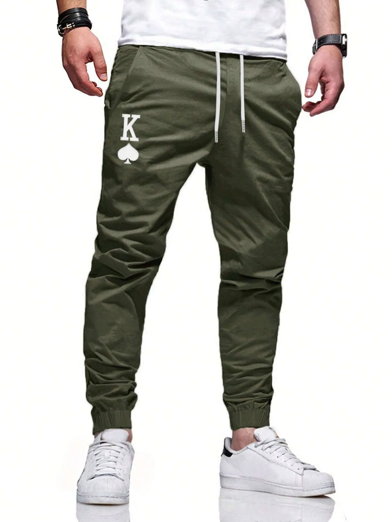 QA Homme Men Playing Card Graphic Drawstring Tapered Pants