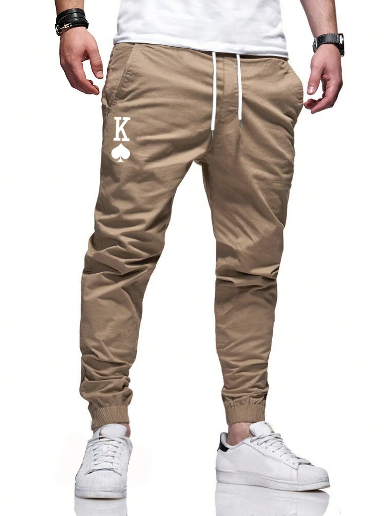 QA Homme Men Playing Card Graphic Drawstring Tapered Pants