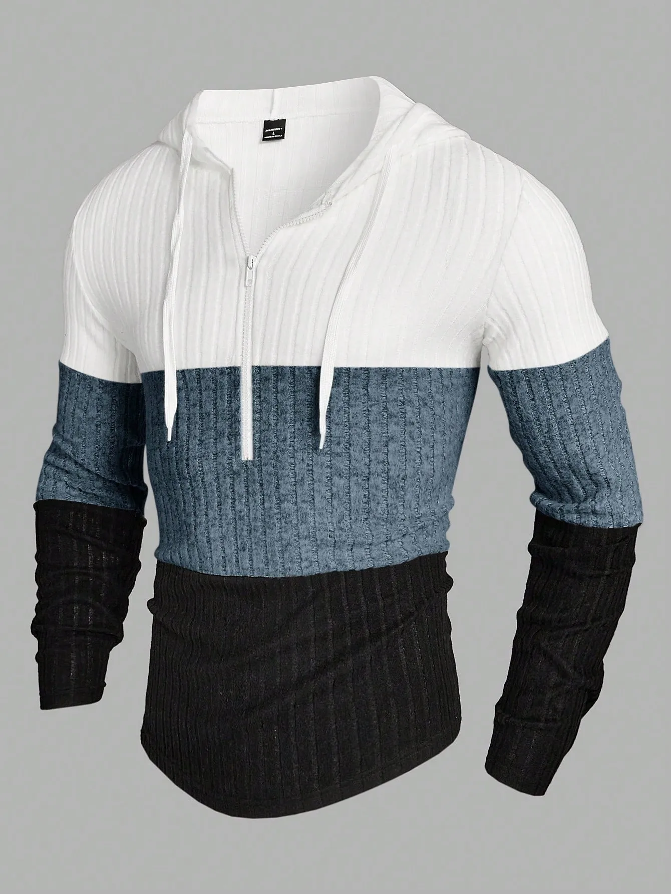 QA Homme Men'S Colorblock Zipper Half Placket Drawstring Hooded T-Shirt