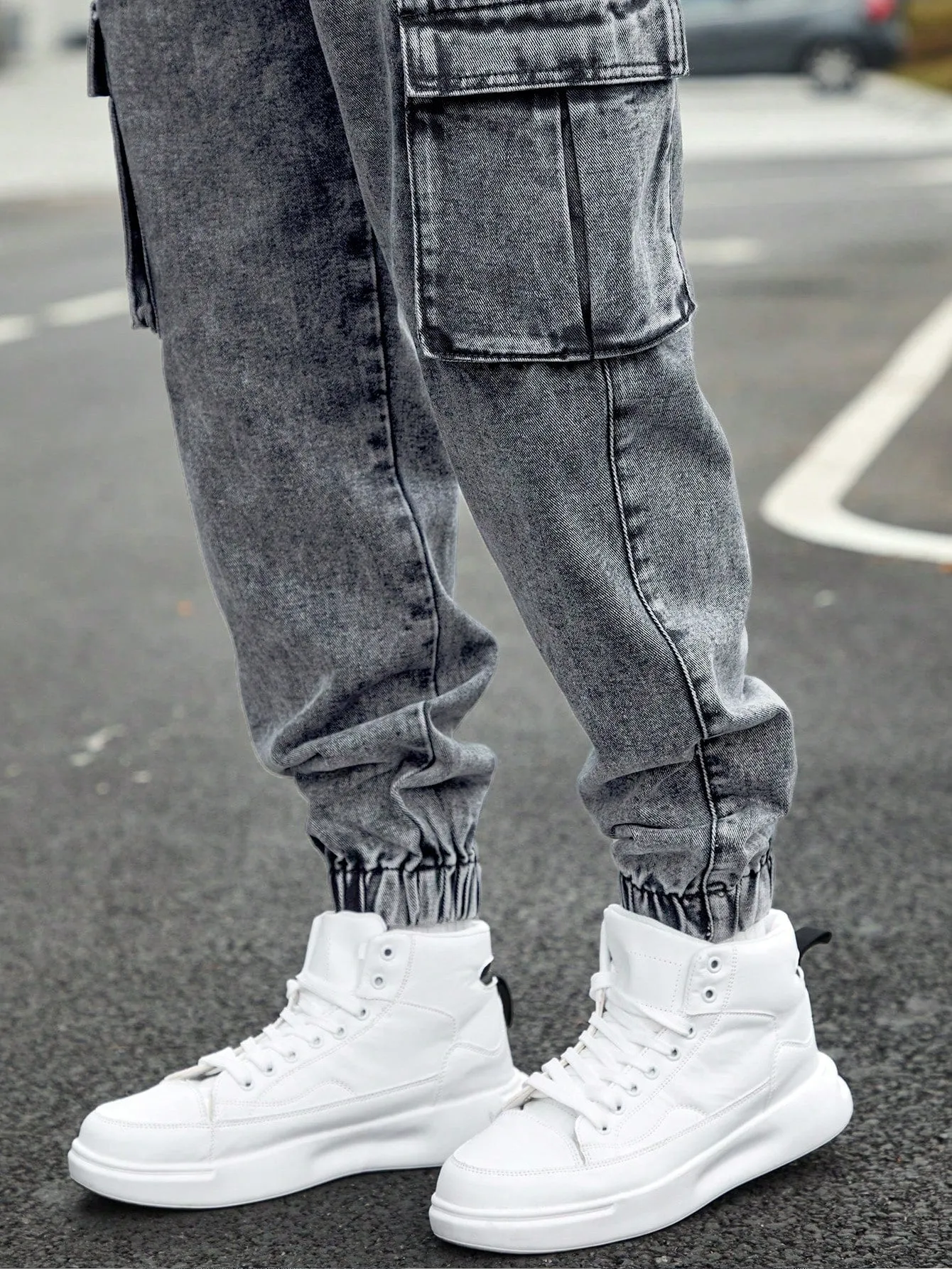QA Homme Men's Drawstring Waist Cargo Denim Pants With Slanted Pockets