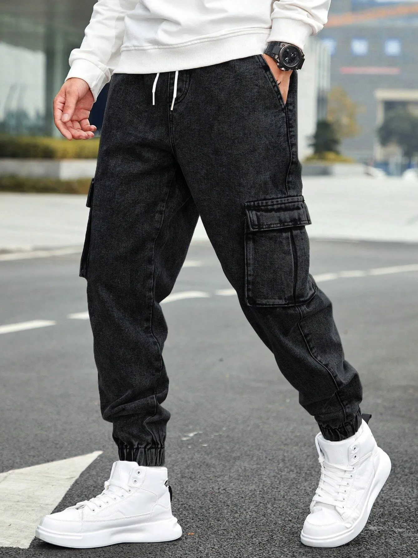 QA Homme Men's Drawstring Waist Cargo Denim Pants With Slanted Pockets