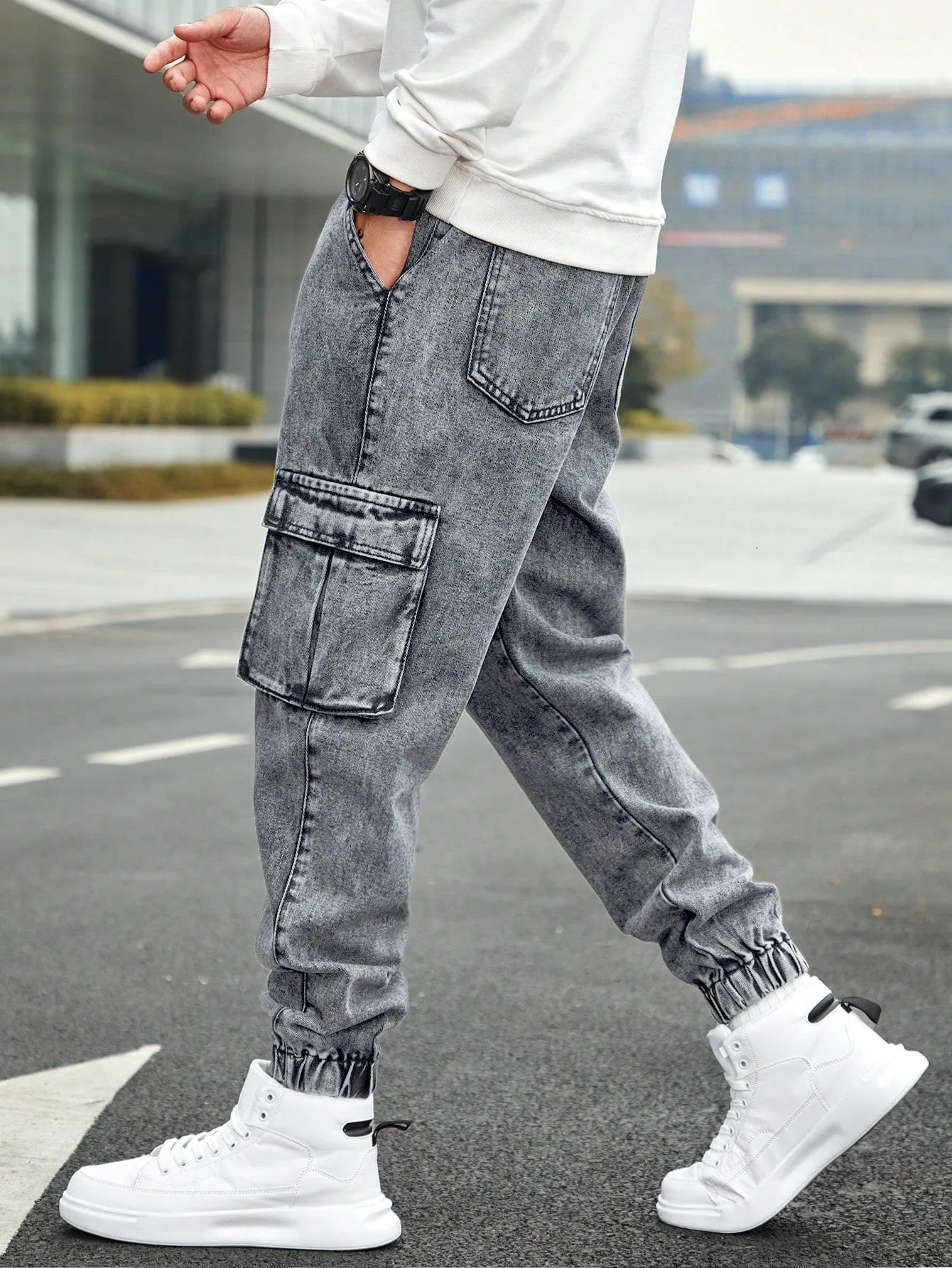 QA Homme Men's Drawstring Waist Cargo Denim Pants With Slanted Pockets