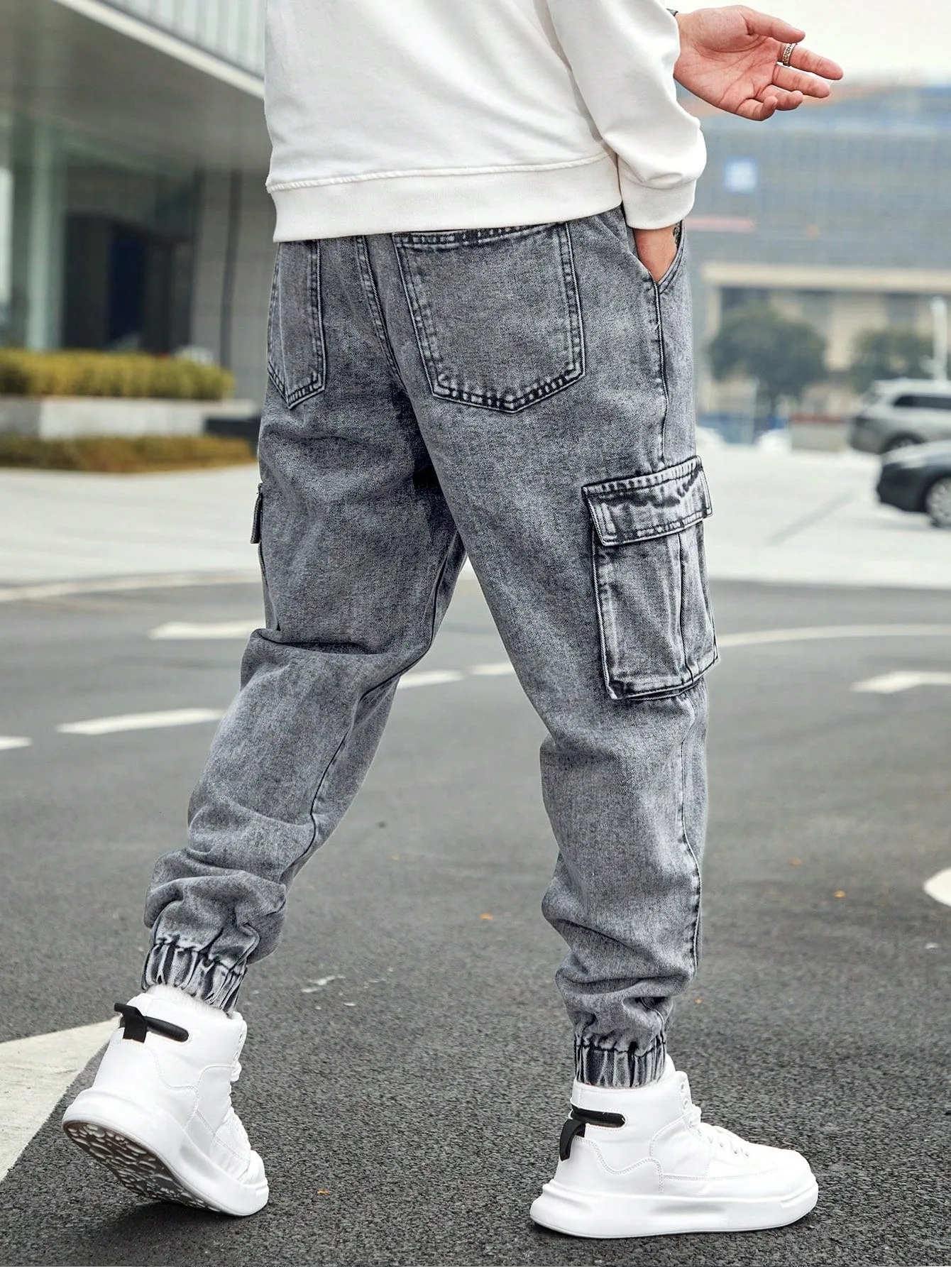QA Homme Men's Drawstring Waist Cargo Denim Pants With Slanted Pockets