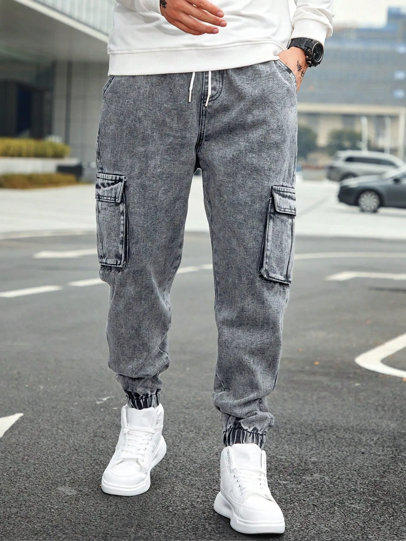 QA Homme Men's Drawstring Waist Cargo Denim Pants With Slanted Pockets