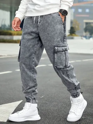 QA Homme Men's Drawstring Waist Cargo Denim Pants With Slanted Pockets
