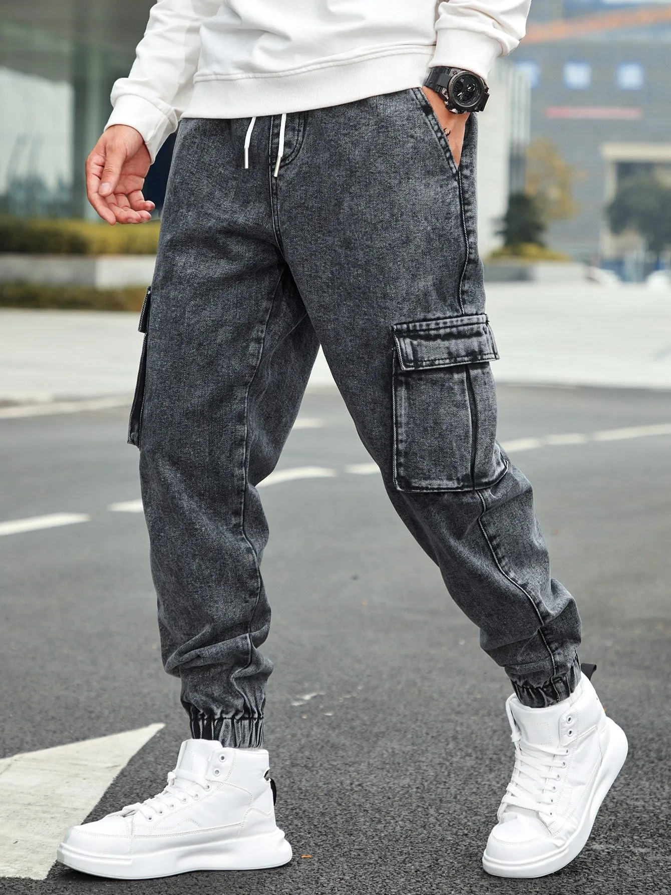 QA Homme Men's Drawstring Waist Cargo Denim Pants With Slanted Pockets