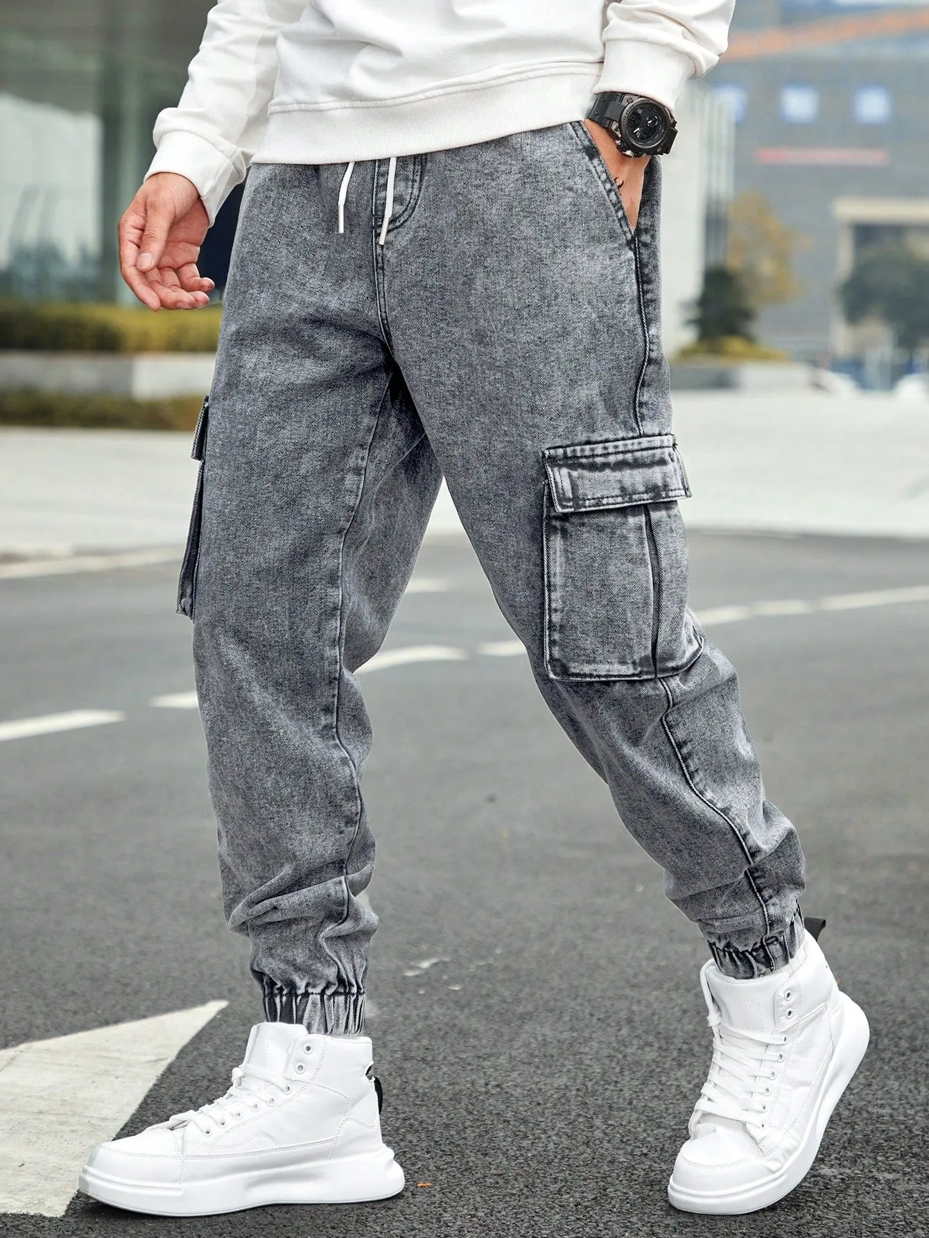 QA Homme Men's Drawstring Waist Cargo Denim Pants With Slanted Pockets