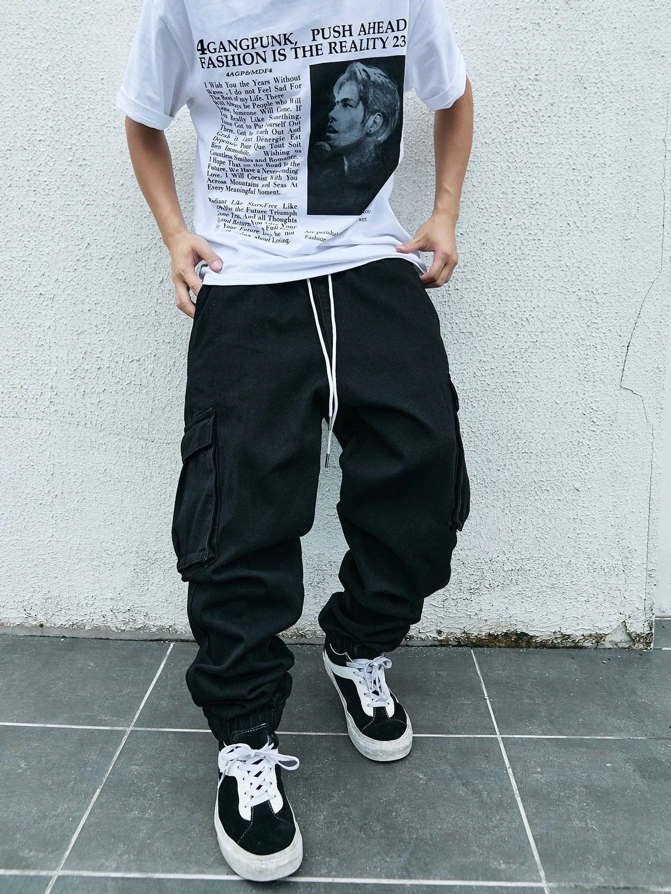 QA Homme Men's Drawstring Waist Cargo Denim Pants With Slanted Pockets
