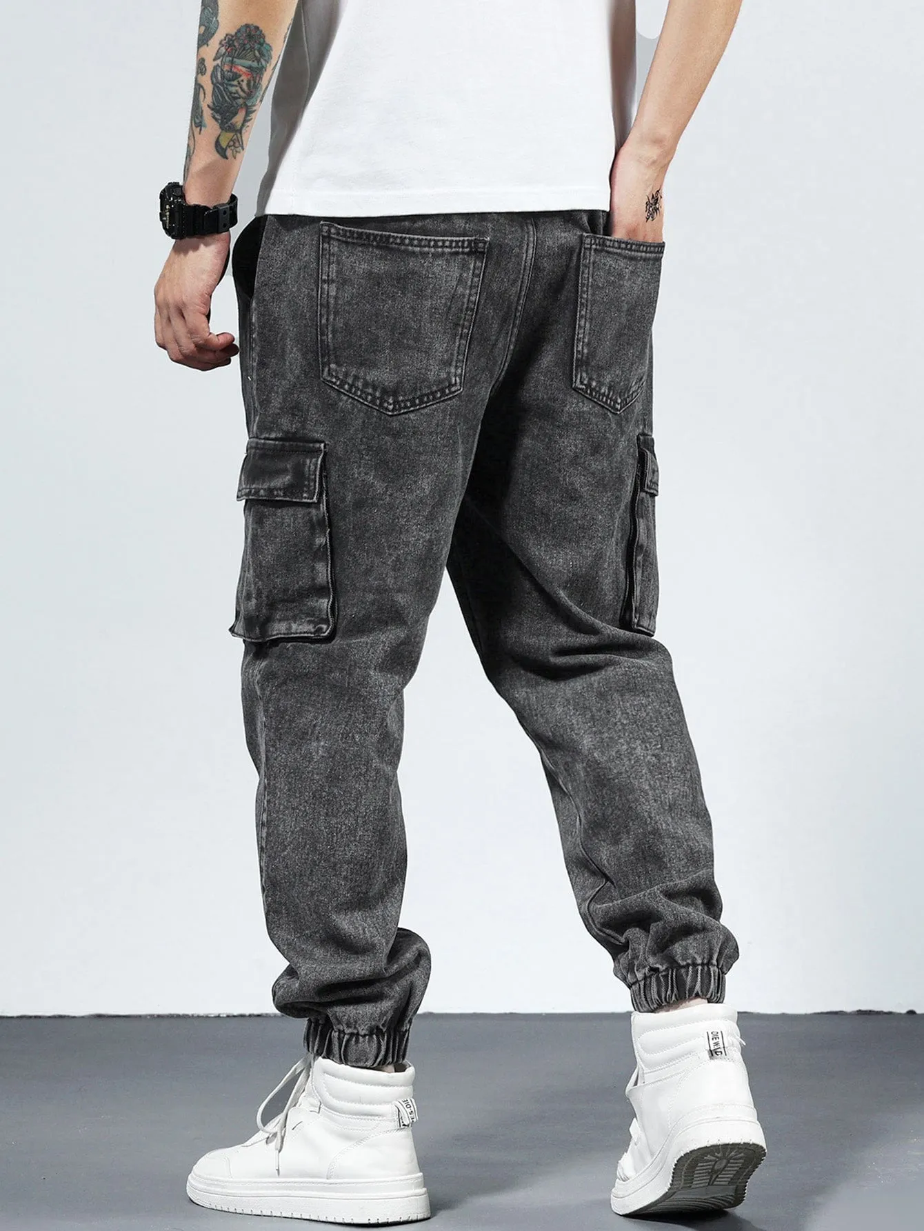 QA Men Cotton Drawstring Waist Flap Pocket Jogger Jeans