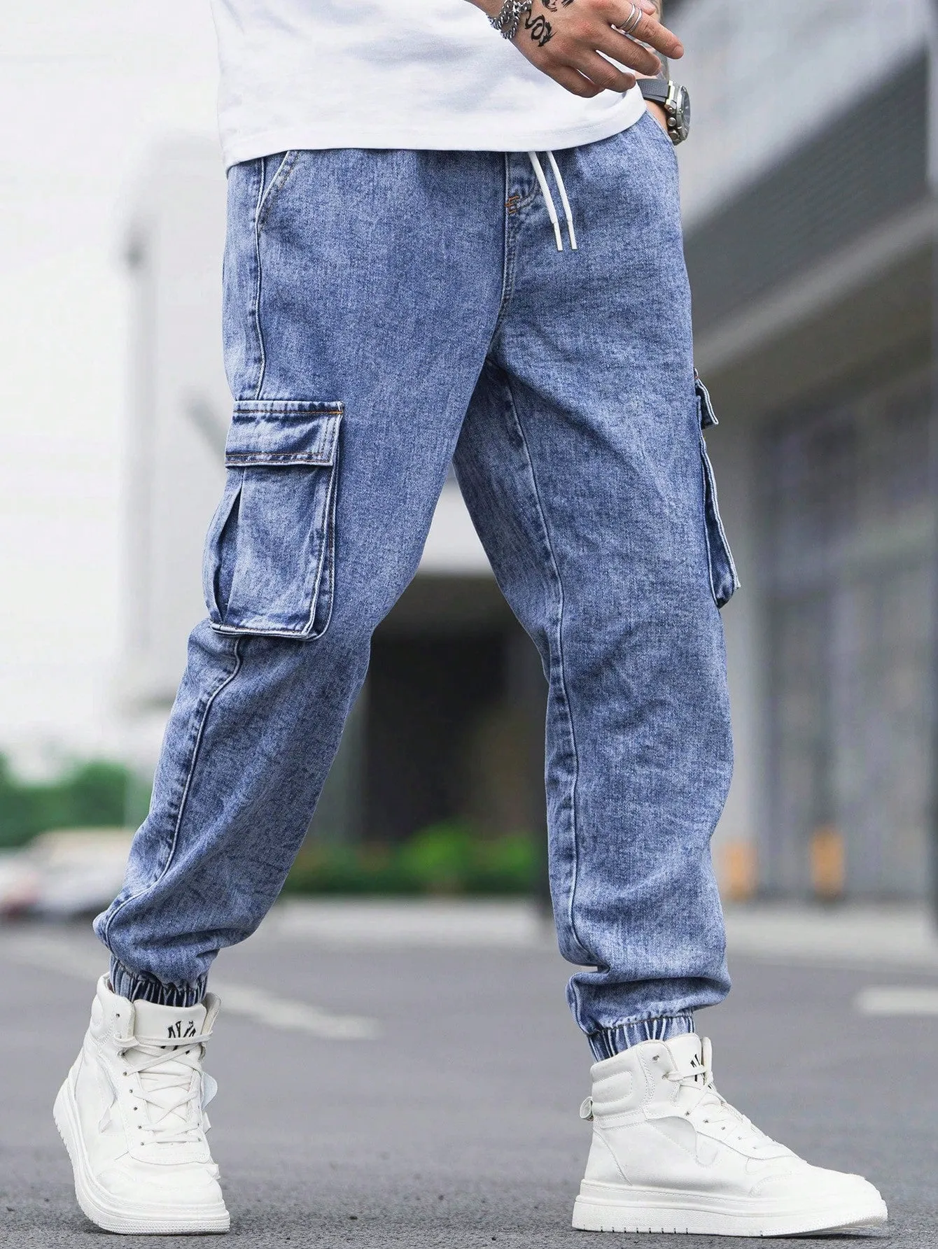 QA Men Cotton Drawstring Waist Flap Pocket Jogger Jeans