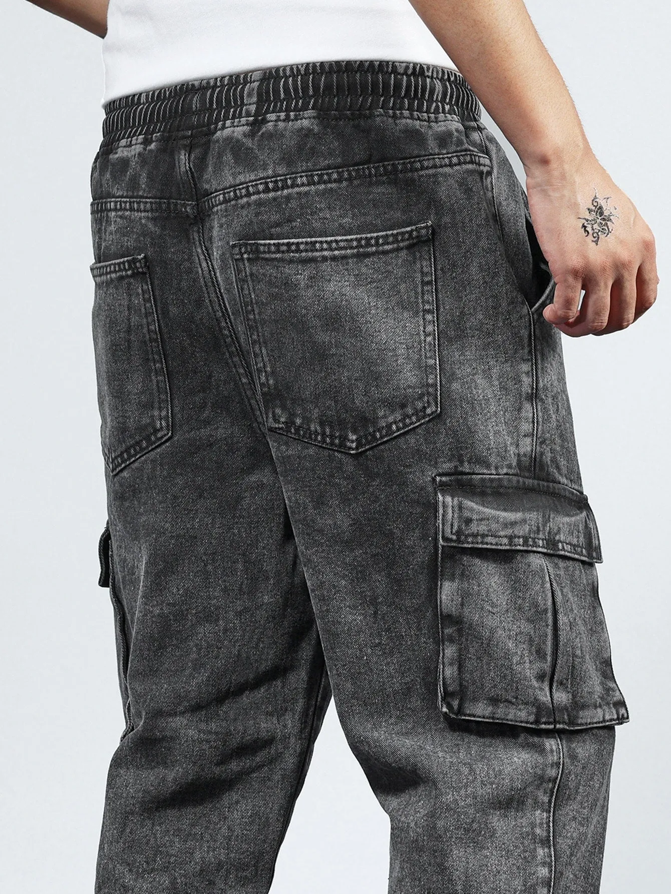 QA Men Cotton Drawstring Waist Flap Pocket Jogger Jeans