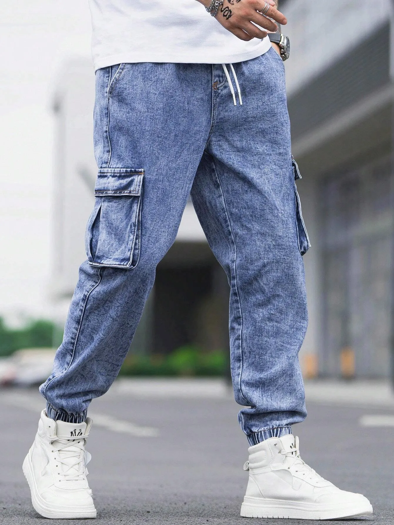 QA Men Cotton Drawstring Waist Flap Pocket Jogger Jeans