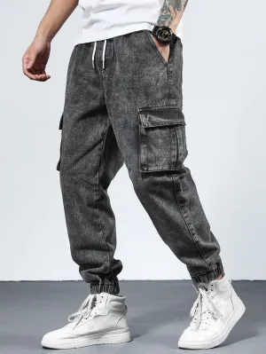 QA Men Cotton Drawstring Waist Flap Pocket Jogger Jeans