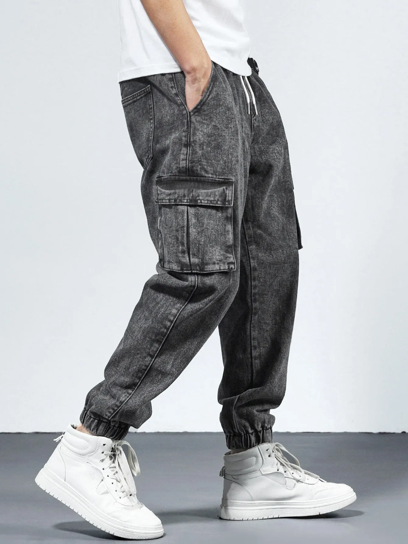 QA Men Cotton Drawstring Waist Flap Pocket Jogger Jeans