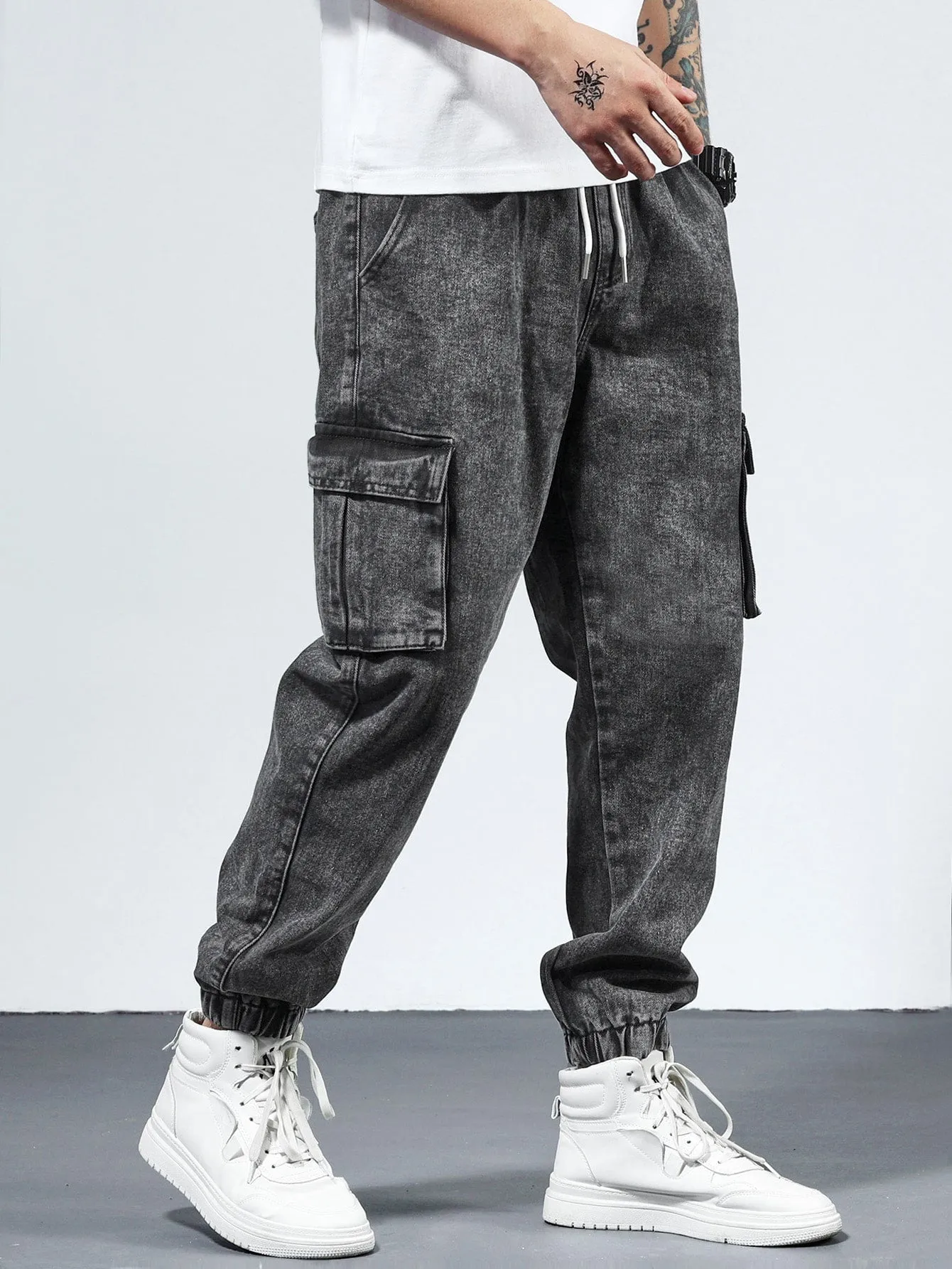 QA Men Cotton Drawstring Waist Flap Pocket Jogger Jeans