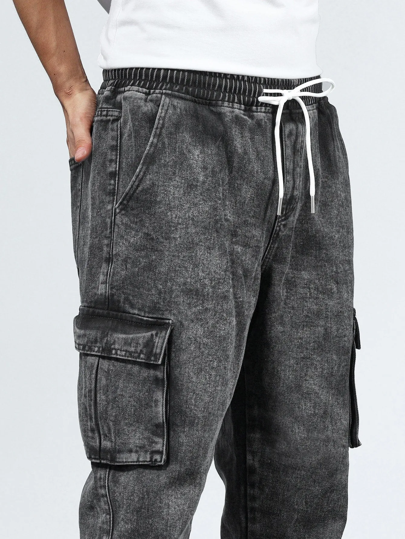 QA Men Cotton Drawstring Waist Flap Pocket Jogger Jeans