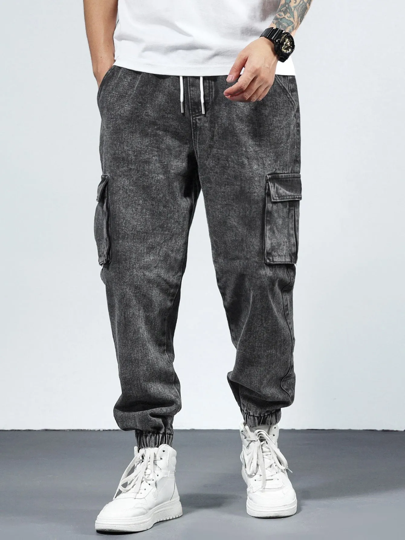 QA Men Cotton Drawstring Waist Flap Pocket Jogger Jeans