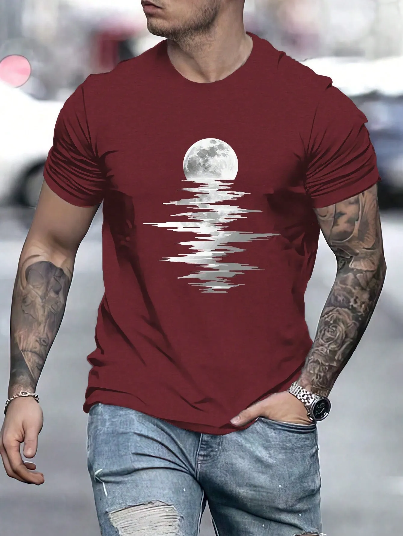 QA Men Moon Print Tee For Summer