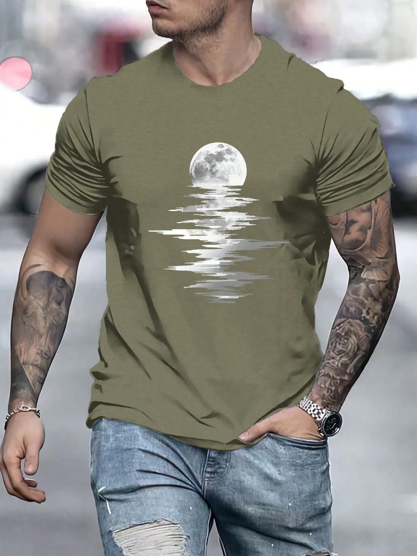 QA Men Moon Print Tee For Summer