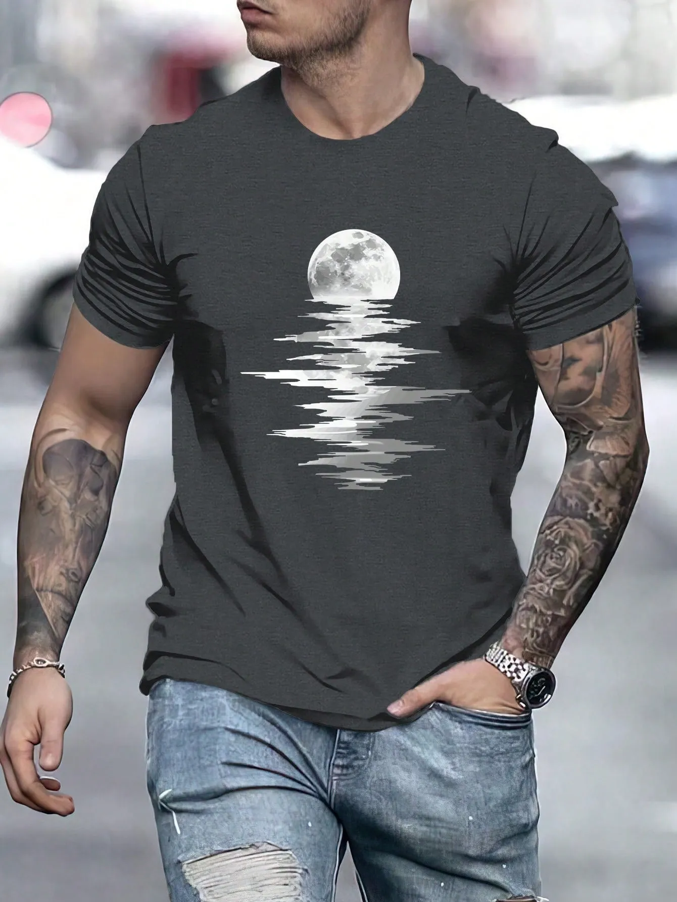 QA Men Moon Print Tee For Summer