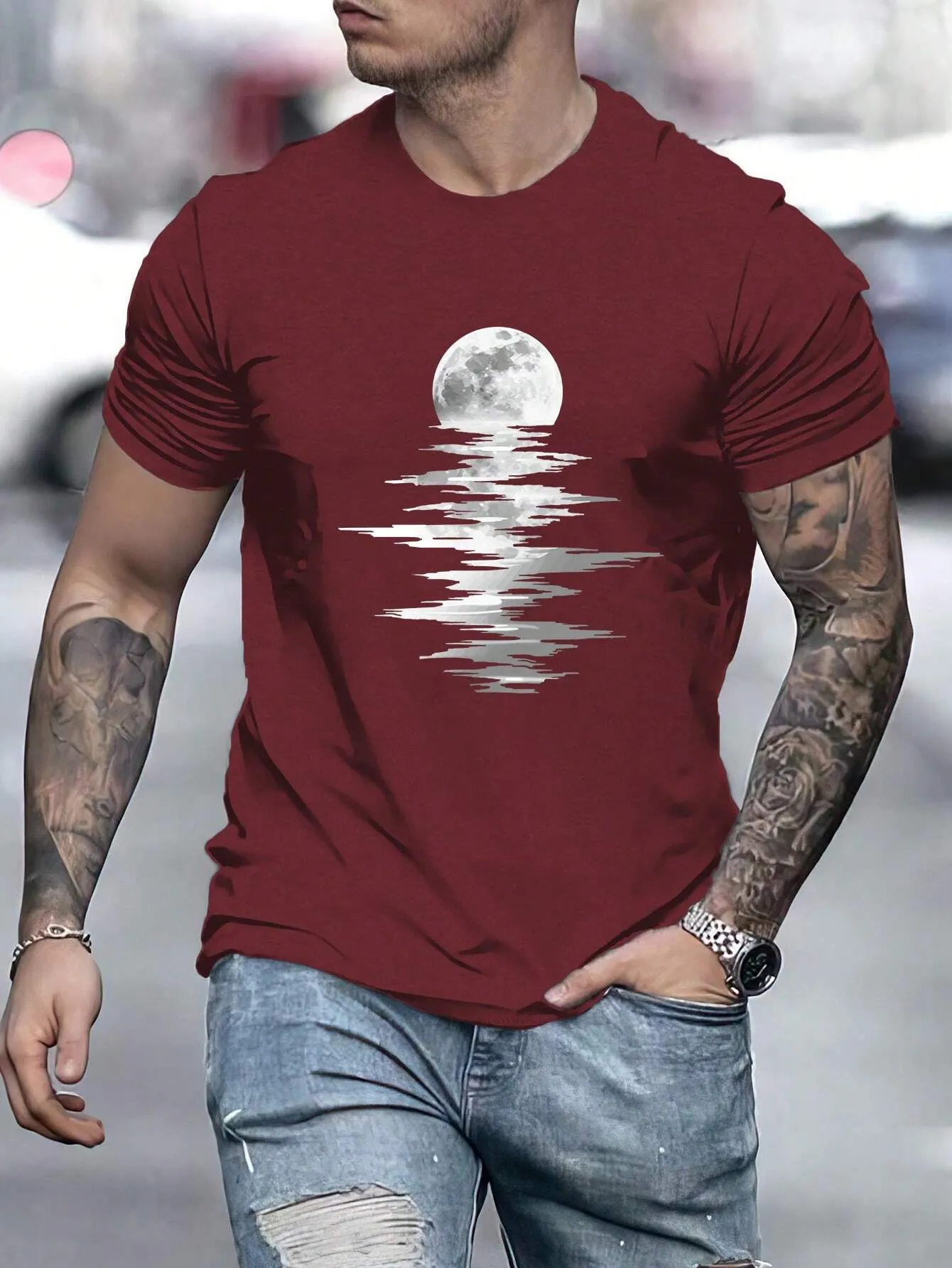 QA Men Moon Print Tee For Summer