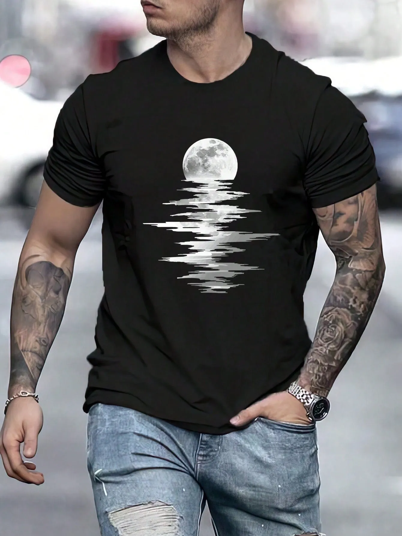 QA Men Moon Print Tee For Summer