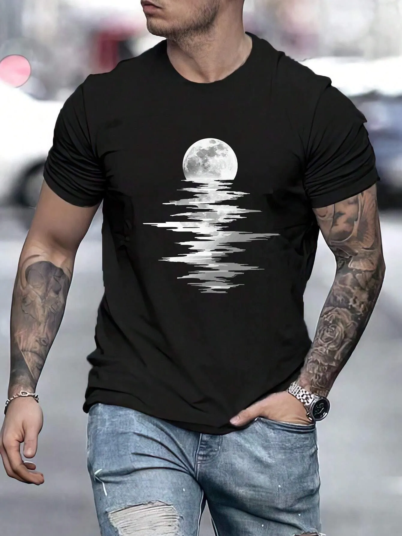 QA Men Moon Print Tee For Summer