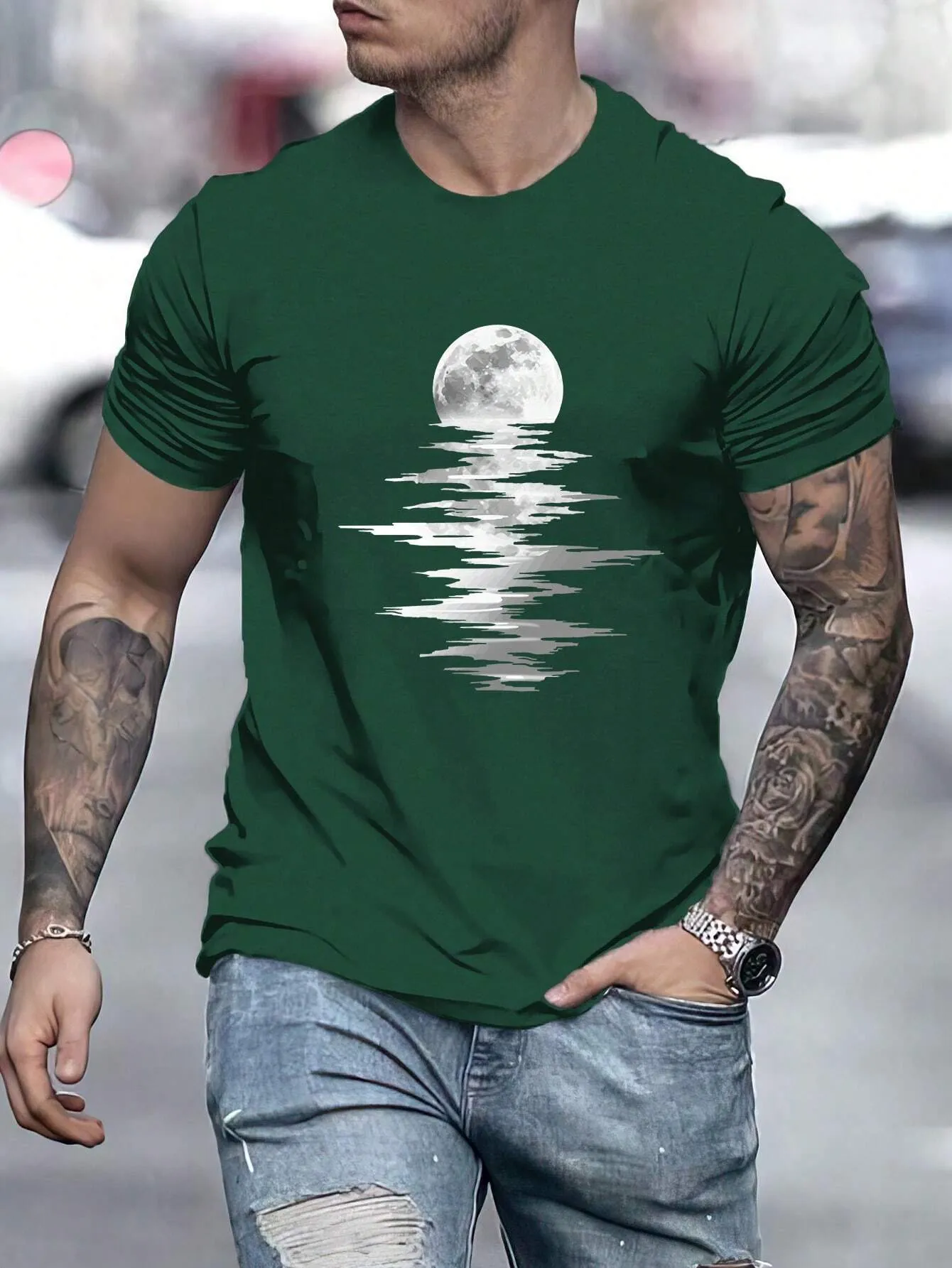 QA Men Moon Print Tee For Summer