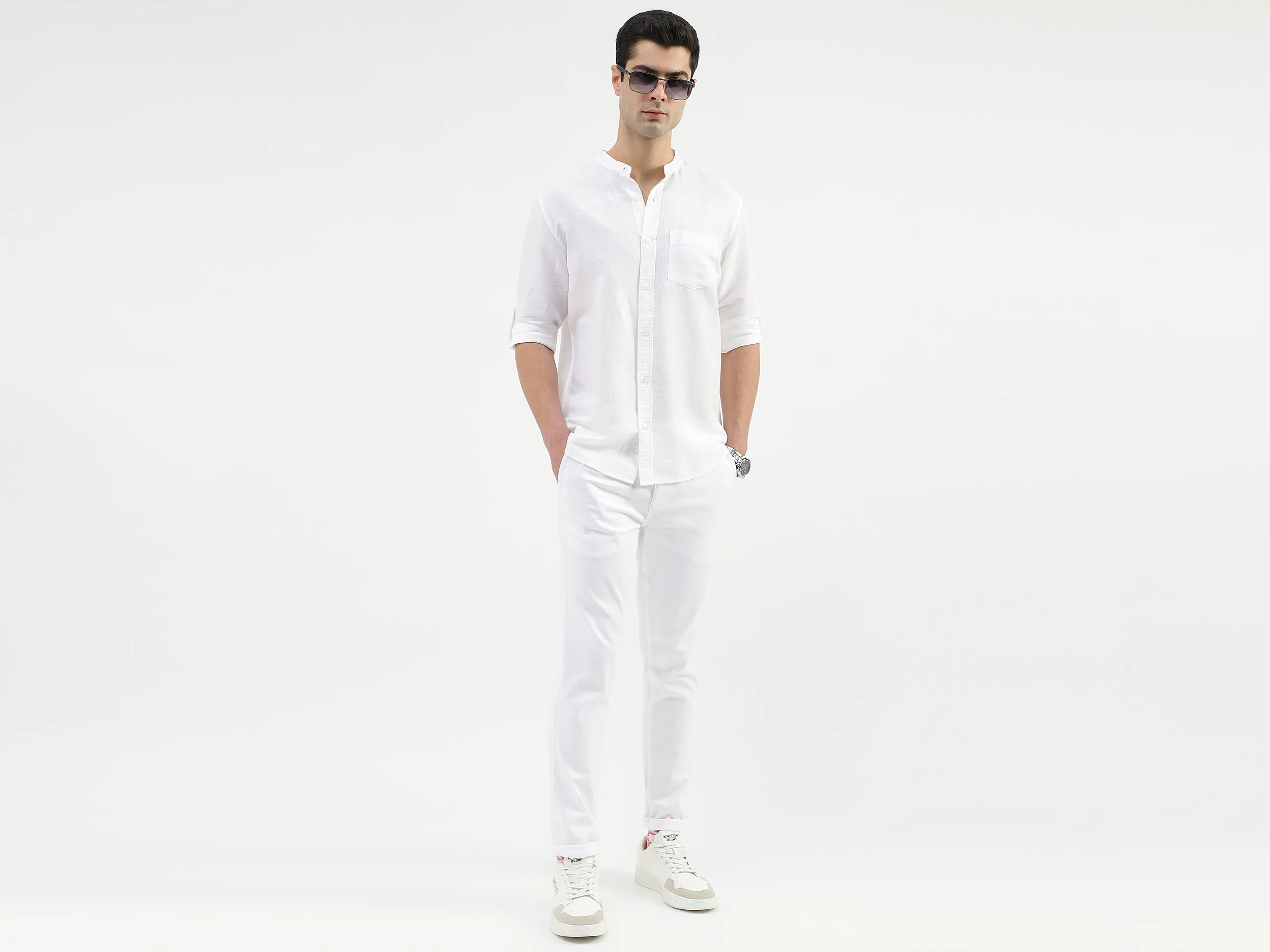 Regular Fit Mandarin Collar Solid Shirts