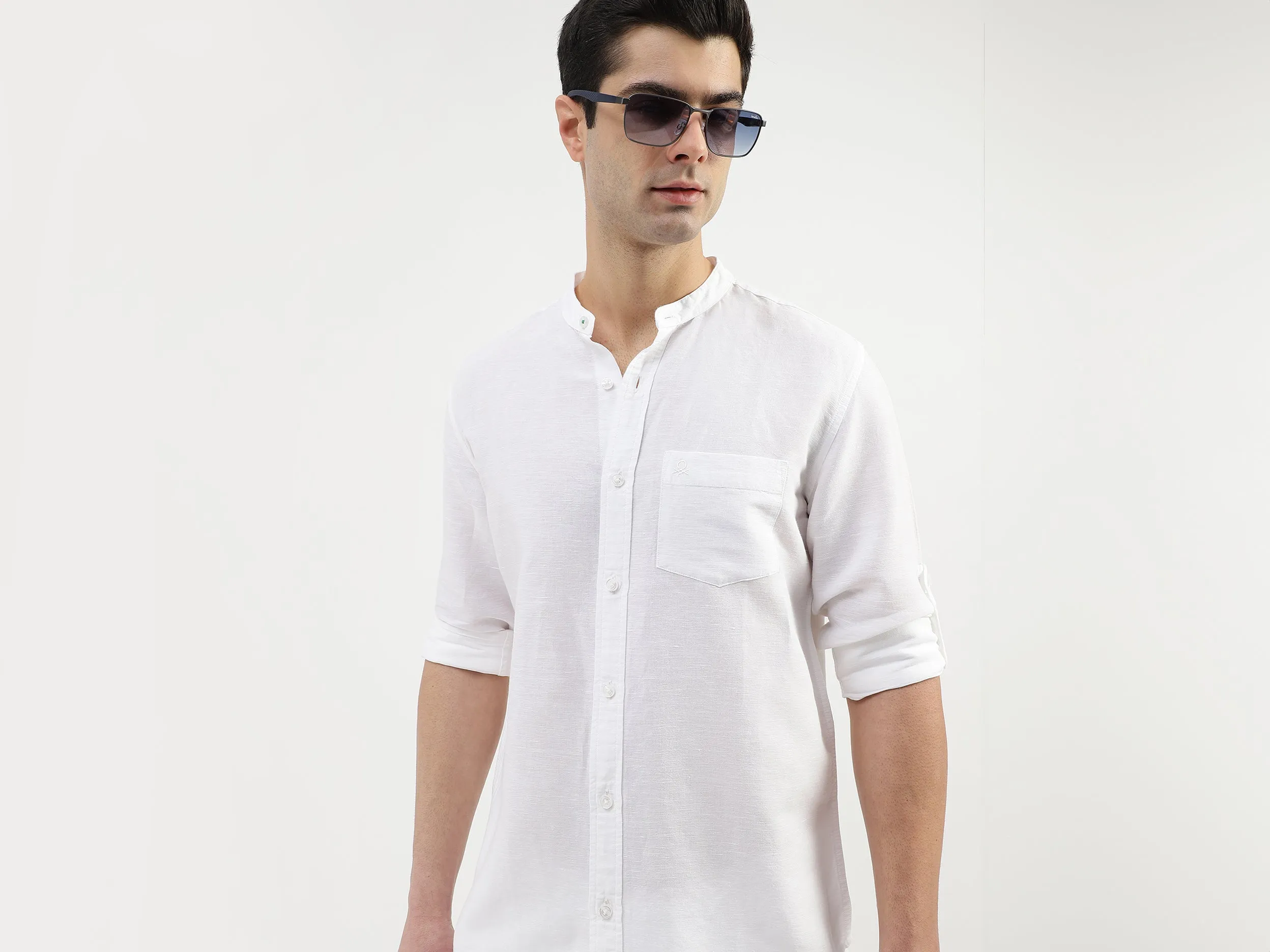 Regular Fit Mandarin Collar Solid Shirts