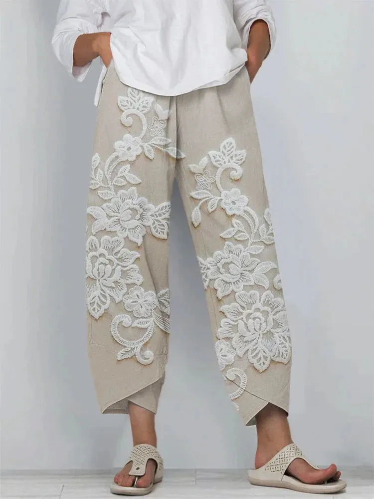 Retro Embroidered Floral Lace Linen Blend Culottes