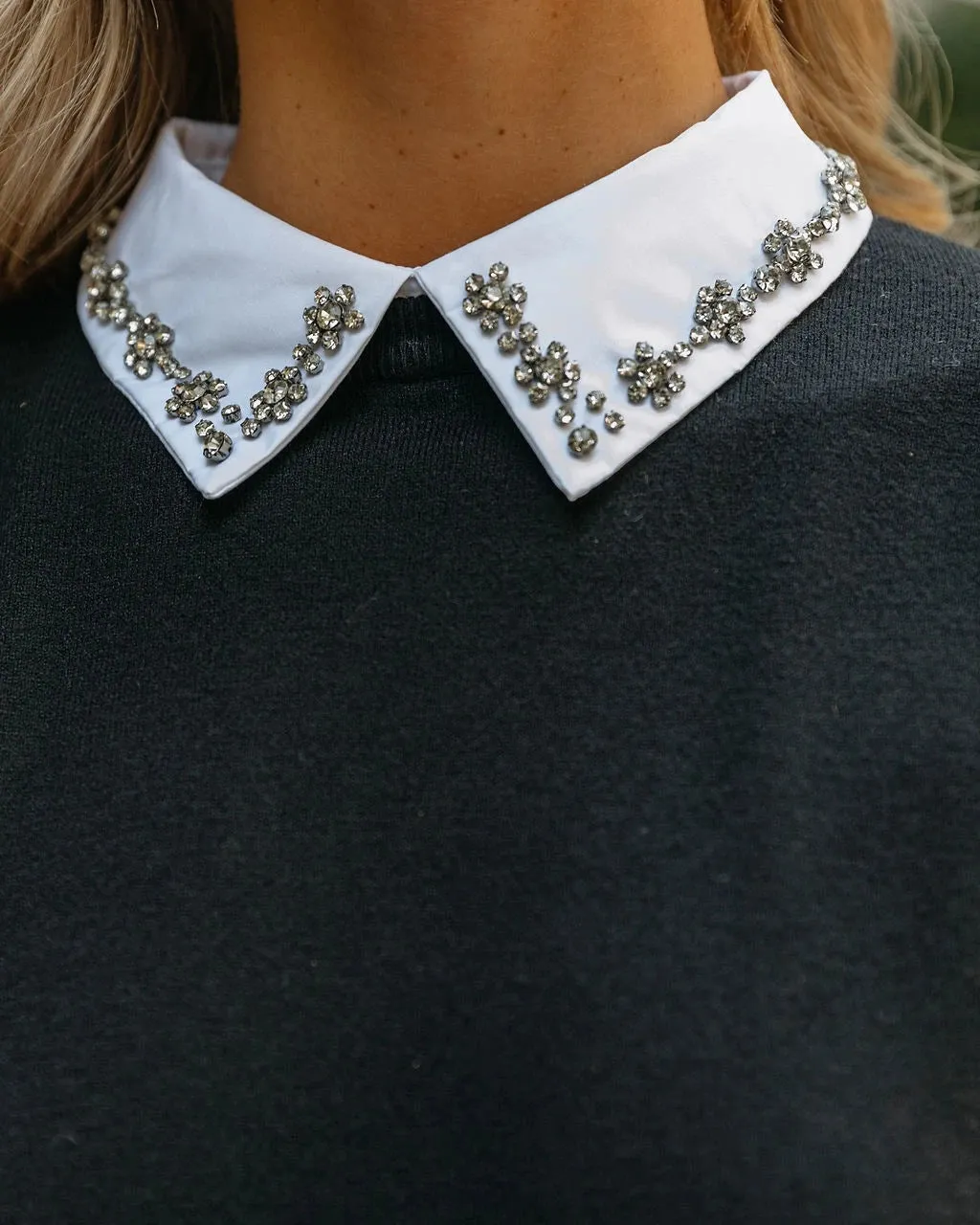 Rhinestone Collar Knit Top - Black