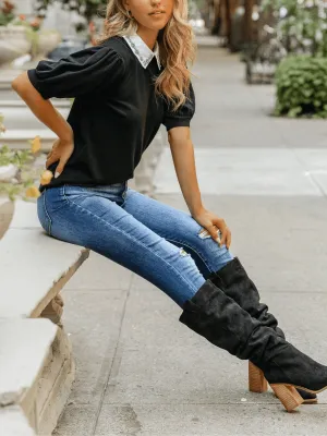Rhinestone Collar Knit Top - Black