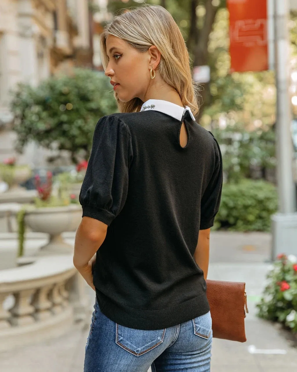 Rhinestone Collar Knit Top - Black