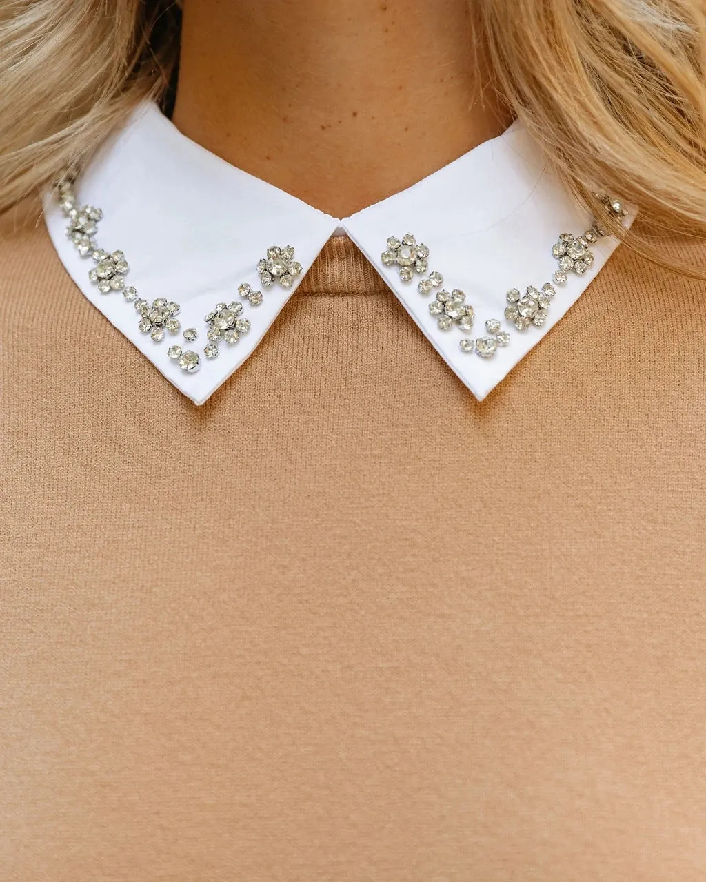 Rhinestone Collar Knit Top - Khaki