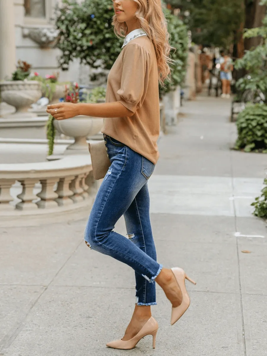 Rhinestone Collar Knit Top - Khaki